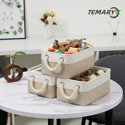Small Fabric Storage Baskets 6 Pcs Decorative Baskets Bins for Gifts Empty Foldable Storage Basket with Handles for Organizing Shelf, Towels (White&Khaki,11.8 L X 7.9 W X 5.3 H Inches)