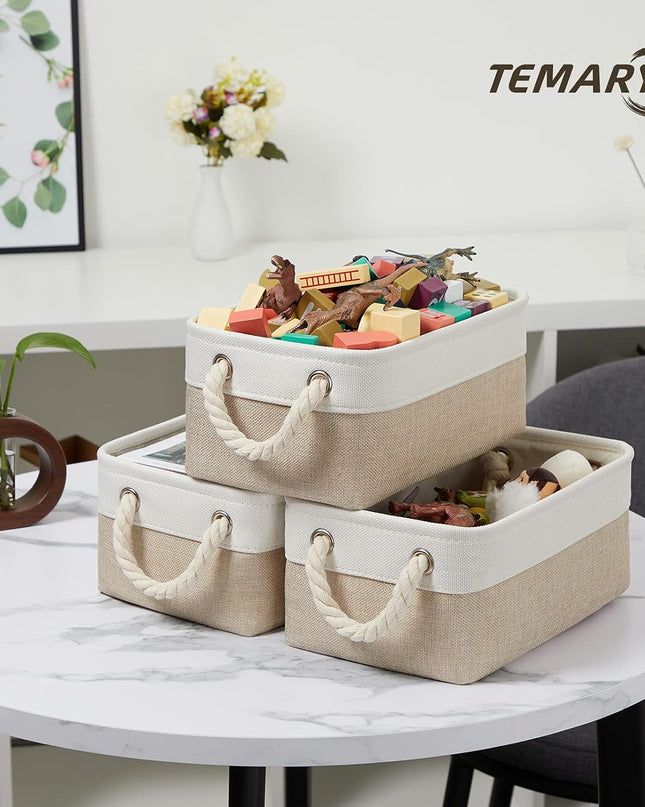 Small Fabric Storage Baskets 6 Pcs Decorative Baskets Bins for Gifts Empty Foldable Storage Basket with Handles for Organizing Shelf, Towels (White&Khaki,11.8 L X 7.9 W X 5.3 H Inches)