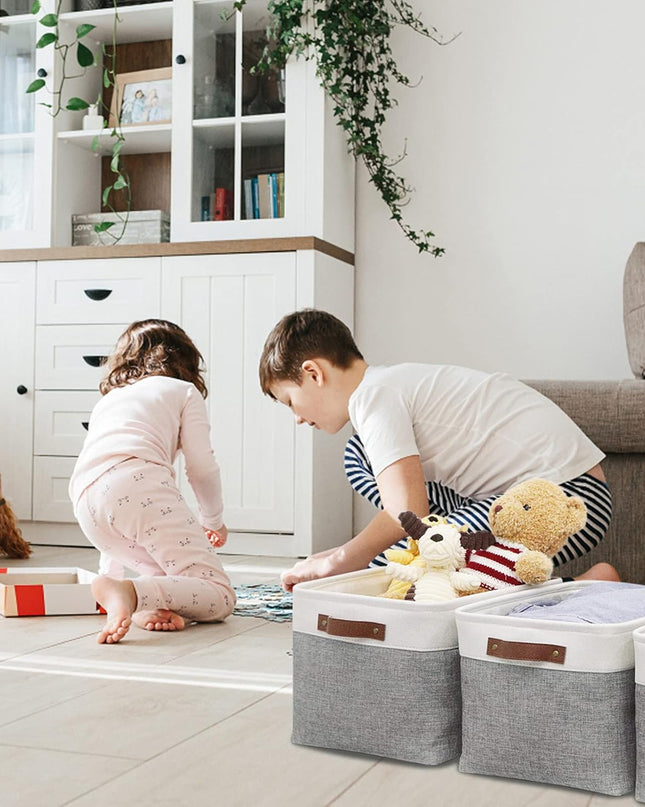 Fabric Storage Baskets for Shelves(3 Pack) Large Collapsible Storage Baskets for Organizing, Decorative Baskets Bins Set with Handles for Closet, Clothes, Toy(White&Gray,15" X 11" X 9.5")