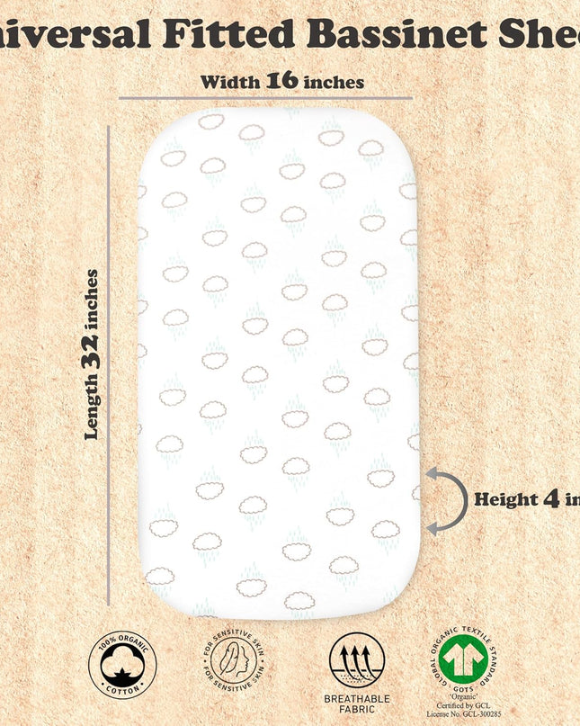 3-Pack Organic Jersey Cotton Bassinet Fitted Sheets – Fits 32 X 16 X 4 Inch Pads – Compatible with Halo, Snoo, Graco, Dream on Me, Delta – for Oval, Hourglass, and Rectangular Bassinet Mattresses