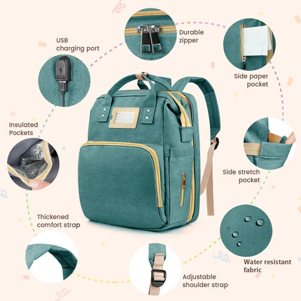 Multifunctional Diaper Bag Backpack with Changing Station & Insulated Pockets, Green