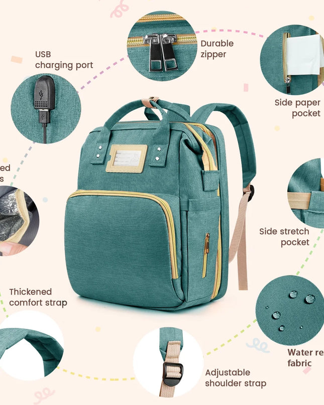 Multifunctional Diaper Bag Backpack with Changing Station & Insulated Pockets, Green
