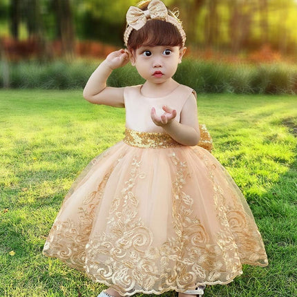 0-6T Big Bowknot Sequins Embroidered Lace Party Tutu Gown Toddler Baby Girls Dress with Headwear