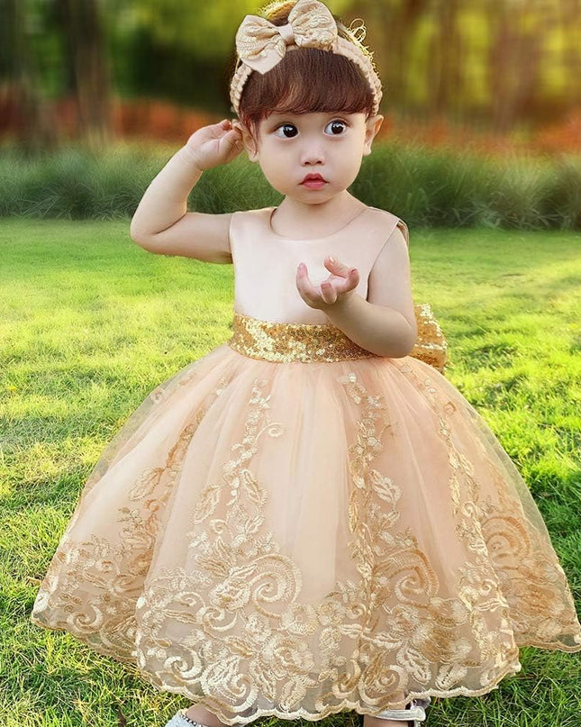 0-6T Big Bowknot Sequins Embroidered Lace Party Tutu Gown Toddler Baby Girls Dress with Headwear
