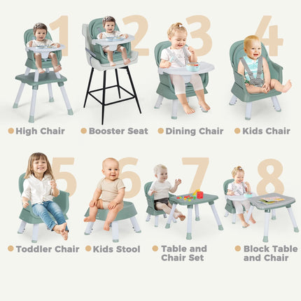 8 in 1 Baby High Chair, Toddler Dining Booster Seat for Eating, Green