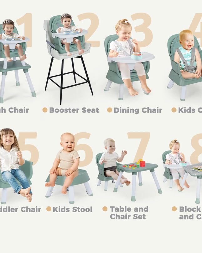 8 in 1 Baby High Chair, Toddler Dining Booster Seat for Eating, Green