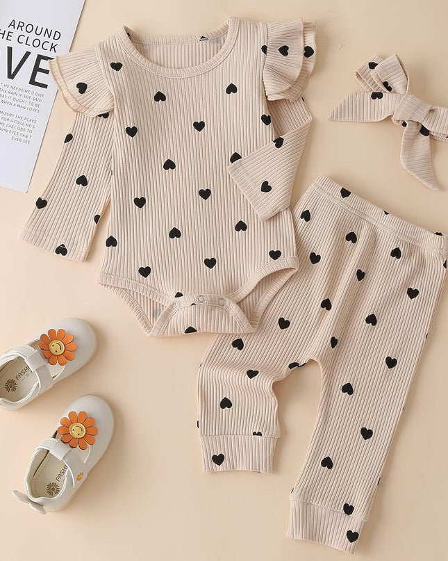 Baby Girl'S 3Pc Rib Frill Long Sleeve Romper and Pant Set