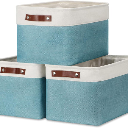 Storage Baskets for Shelves, Fabric Collapsible Rectangular Storage Bins for Shelves, Closets, Nursery, Home, Empty Gift Baskets (3-Pack Medium-15 Inch X 11 Inch X 9.5 Inch , White&Teal)