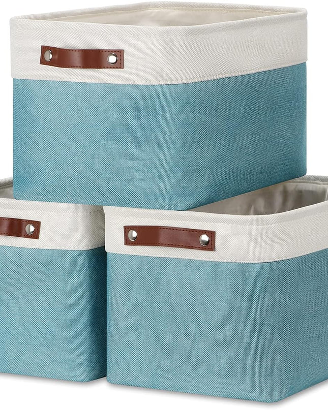Storage Baskets for Shelves, Fabric Collapsible Rectangular Storage Bins for Shelves, Closets, Nursery, Home, Empty Gift Baskets (3-Pack Medium-15 Inch X 11 Inch X 9.5 Inch , White&Teal)