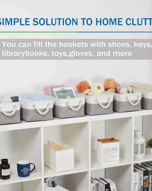 Small Baskets for Organizing Fabric Storage Baskets for Shleves 6 Pack Collapsible Closet Storage Bins with Handles Linen Organizer Baskets for Bathroom Nursery Home Storage (White&Grey)