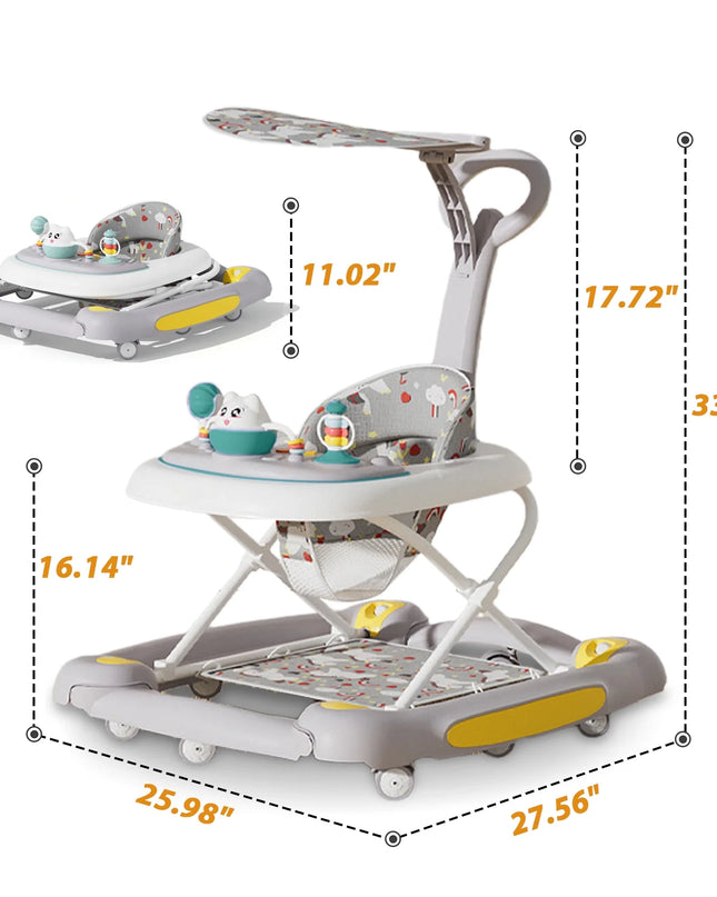 6-In-1 Baby Walker, Foldable Push Walker with Musical Activity Station for 6-24 Months, Gray