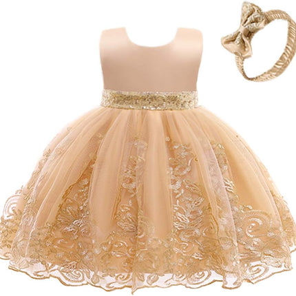 0-6T Big Bowknot Sequins Embroidered Lace Party Tutu Gown Toddler Baby Girls Dress with Headwear