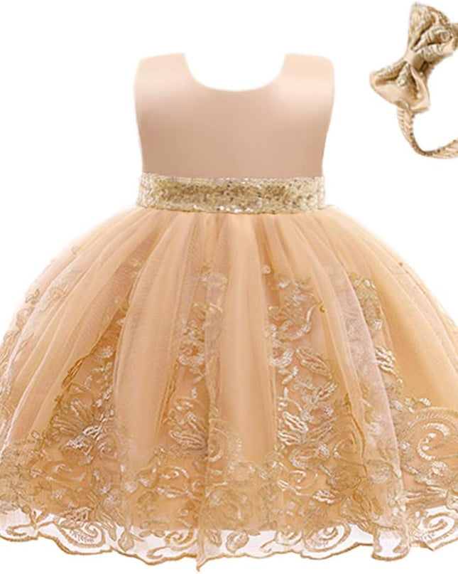 0-6T Big Bowknot Sequins Embroidered Lace Party Tutu Gown Toddler Baby Girls Dress with Headwear