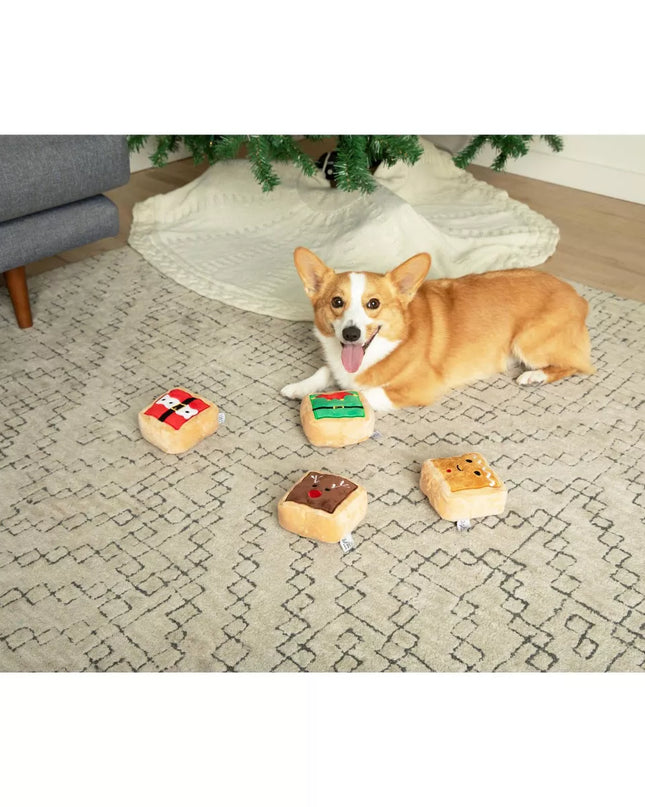 Midlee Gift Box Christmas Squares Sugar Cookie Plush Dog Toy-Reindeer, Gingerbread Man, Santa, Elf