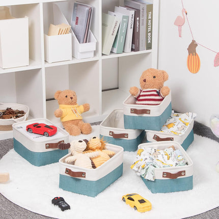 Storage Baskets Bins Set, (6 Pack) Small Fabric Baskets for Shelves, Baskets for Gifts Empty with Handles for Organizing Shelf Nursery Home Closet Clothes Room(White Teal, 11.8" X 7.8" X 5.1")