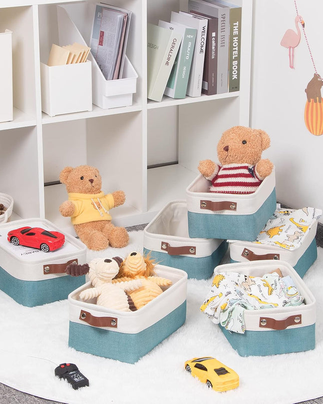 Storage Baskets Bins Set, (6 Pack) Small Fabric Baskets for Shelves, Baskets for Gifts Empty with Handles for Organizing Shelf Nursery Home Closet Clothes Room(White Teal, 11.8" X 7.8" X 5.1")