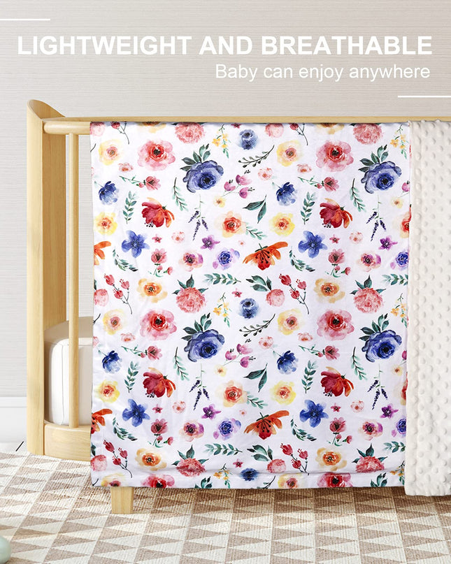 Baby Blanket for Girls Super Soft Double Layer Minky with Dotted Backing, Receiving Blanket with Blue Floral Multicolor Printed Blanket 30 X 40 Inch(75X100Cm)