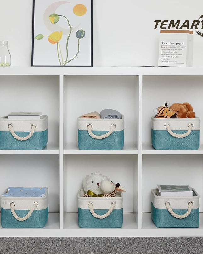 Small Fabric Basket Shelf Storage Bins for Organizing 6 Pcs Decorative Baskets for Gifts Empty Collapsible Small Storage Bins for Home, Closet(Teal,11.8 L X 7.9 W X 5.3 H Inches)