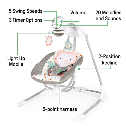 Inlighten Baby Swing, 5-Speed, Swivel Infant Seat, Nature Sounds, Lights - Pink, Nally
