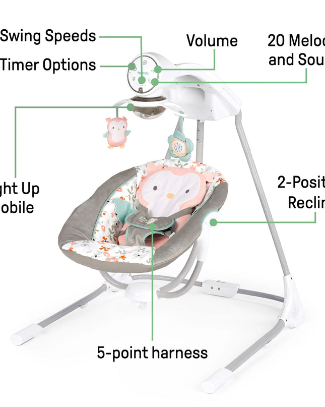 Inlighten Baby Swing, 5-Speed, Swivel Infant Seat, Nature Sounds, Lights - Pink, Nally