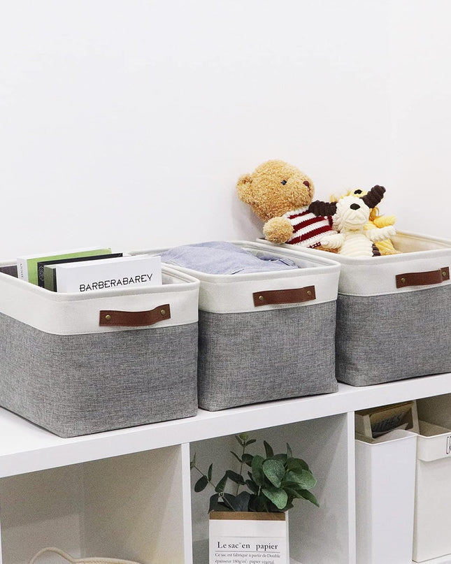 Fabric Storage Baskets for Shelves(3 Pack) Large Collapsible Storage Baskets for Organizing, Decorative Baskets Bins Set with Handles for Closet, Clothes, Toy(White&Gray,15" X 11" X 9.5")