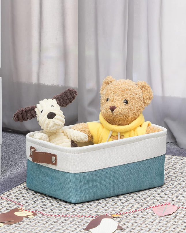 Storage Baskets Bins Set, (6 Pack) Small Fabric Baskets for Shelves, Baskets for Gifts Empty with Handles for Organizing Shelf Nursery Home Closet Clothes Room(White Teal, 11.8" X 7.8" X 5.1")