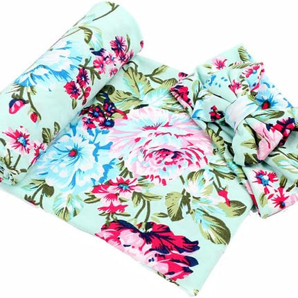 Receiving Blanket Headband Set Flower Print Baby Swaddle Receiving Blankets