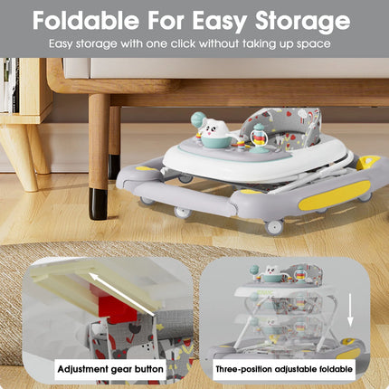 6-In-1 Baby Walker, Foldable Push Walker with Musical Activity Station for 6-24 Months, Gray