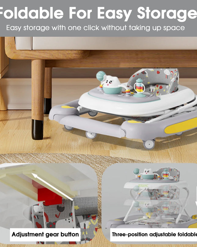 6-In-1 Baby Walker, Foldable Push Walker with Musical Activity Station for 6-24 Months, Gray