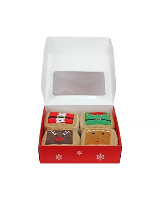 Midlee Gift Box Christmas Squares Sugar Cookie Plush Dog Toy-Reindeer, Gingerbread Man, Santa, Elf