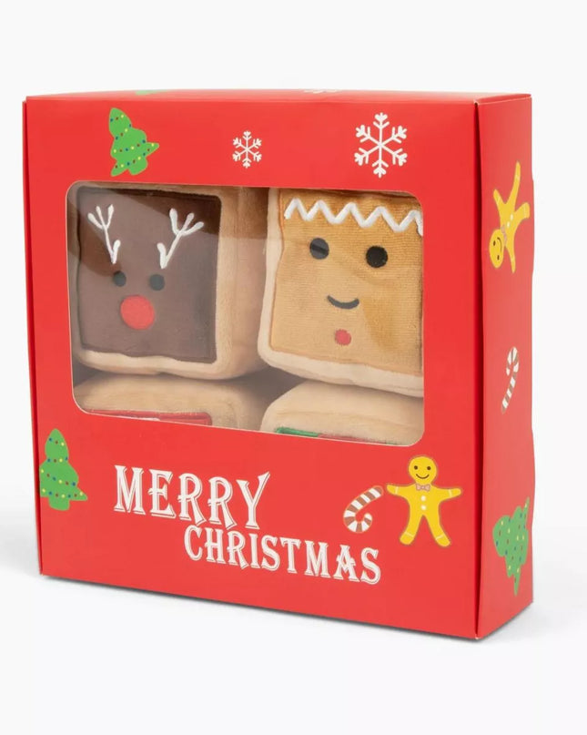 Midlee Gift Box Christmas Squares Sugar Cookie Plush Dog Toy-Reindeer, Gingerbread Man, Santa, Elf