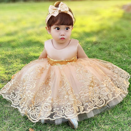 0-6T Big Bowknot Sequins Embroidered Lace Party Tutu Gown Toddler Baby Girls Dress with Headwear