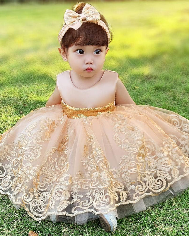 0-6T Big Bowknot Sequins Embroidered Lace Party Tutu Gown Toddler Baby Girls Dress with Headwear