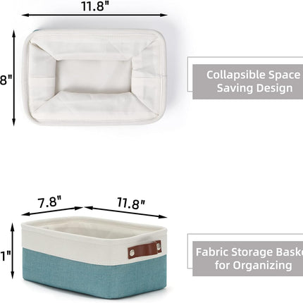 Storage Baskets Bins Set, (6 Pack) Small Fabric Baskets for Shelves, Baskets for Gifts Empty with Handles for Organizing Shelf Nursery Home Closet Clothes Room(White Teal, 11.8" X 7.8" X 5.1")