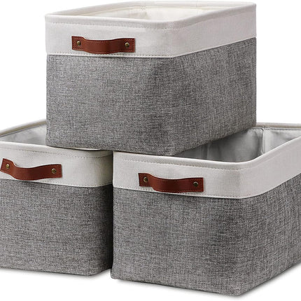 Fabric Storage Baskets for Shelves(3 Pack) Large Collapsible Storage Baskets for Organizing, Decorative Baskets Bins Set with Handles for Closet, Clothes, Toy(White&Gray,15" X 11" X 9.5")