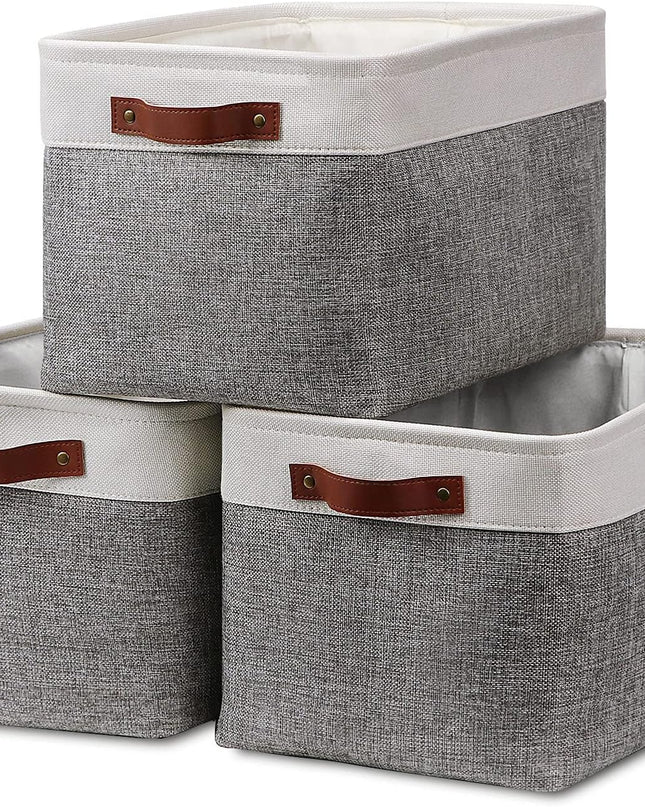 Fabric Storage Baskets for Shelves(3 Pack) Large Collapsible Storage Baskets for Organizing, Decorative Baskets Bins Set with Handles for Closet, Clothes, Toy(White&Gray,15" X 11" X 9.5")