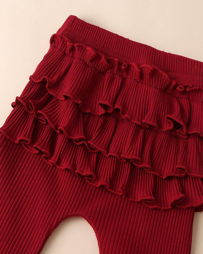 Baby Girl'S 3Pc Rib Frill Long Sleeve Romper and Pant Set