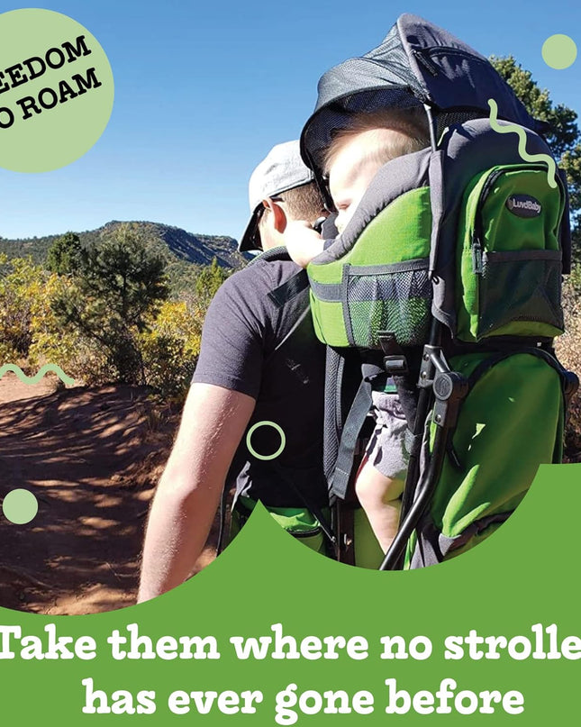 Hiking Baby Carrier Backpack - Comfortable Toddler/Baby Backpack Carrier System with Diaper Change Pad, Insulated Pocket + Rain and Sun Hood to Protect Your Child