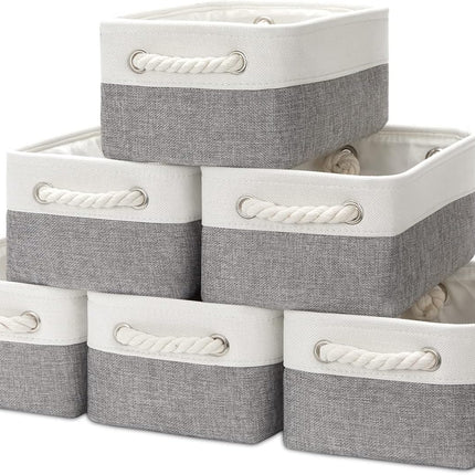 Small Baskets for Organizing Fabric Storage Baskets for Shleves 6 Pack Collapsible Closet Storage Bins with Handles Linen Organizer Baskets for Bathroom Nursery Home Storage (White&Grey)