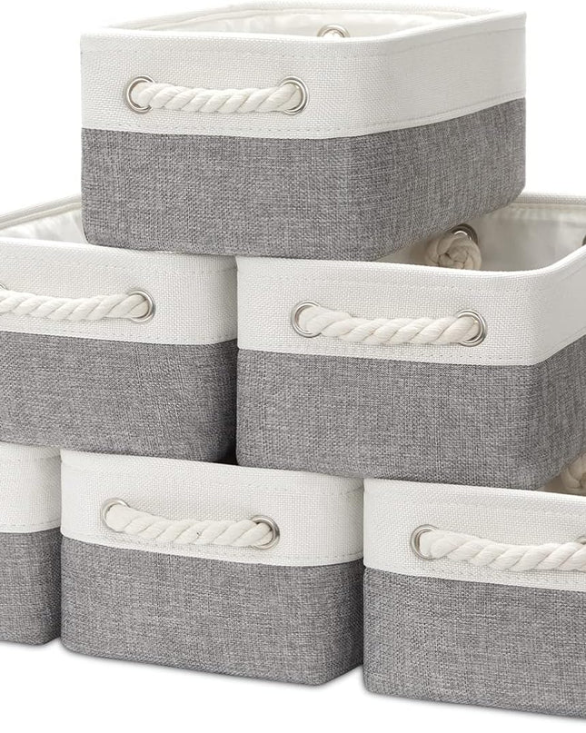 Small Baskets for Organizing Fabric Storage Baskets for Shleves 6 Pack Collapsible Closet Storage Bins with Handles Linen Organizer Baskets for Bathroom Nursery Home Storage (White&Grey)