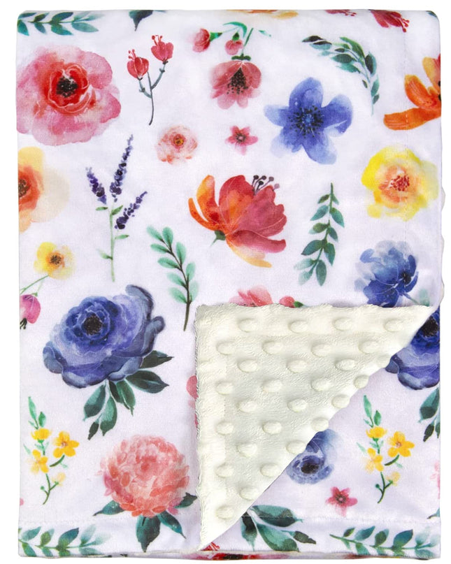 Baby Blanket for Girls Super Soft Double Layer Minky with Dotted Backing, Receiving Blanket with Blue Floral Multicolor Printed Blanket 30 X 40 Inch(75X100Cm)