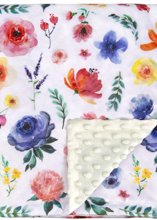 Baby Blanket for Girls Super Soft Double Layer Minky with Dotted Backing, Receiving Blanket with Blue Floral Multicolor Printed Blanket 30 X 40 Inch(75X100Cm)
