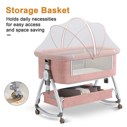 Baby Bassinet, 5-In-1 Infant Bedside Crib with Changing Table and Locked Wheel, Adjustable Height, for 0-24 Months, Pink