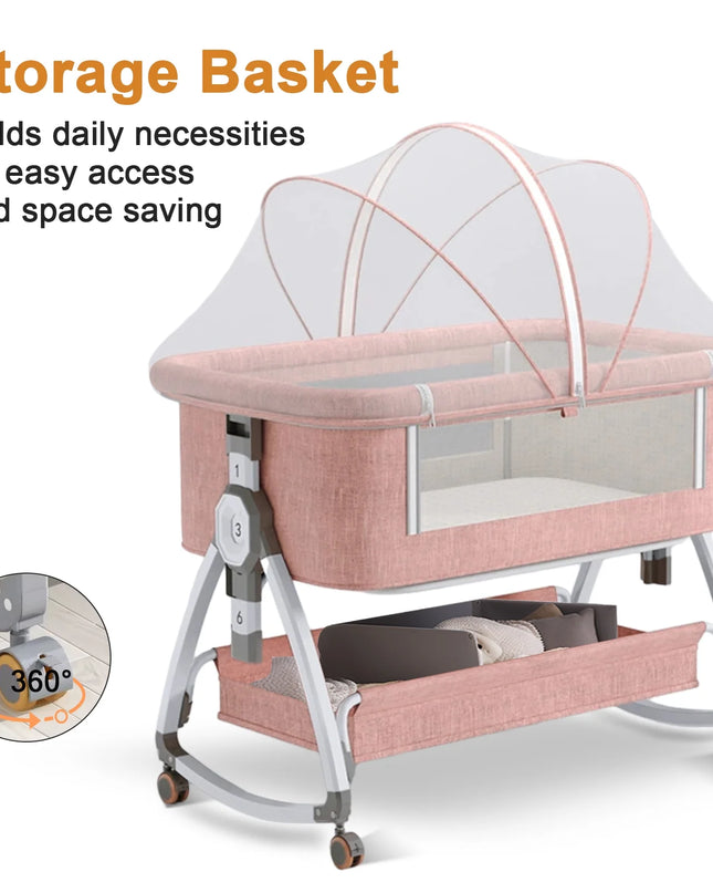 Baby Bassinet, 5-In-1 Infant Bedside Crib with Changing Table and Locked Wheel, Adjustable Height, for 0-24 Months, Pink