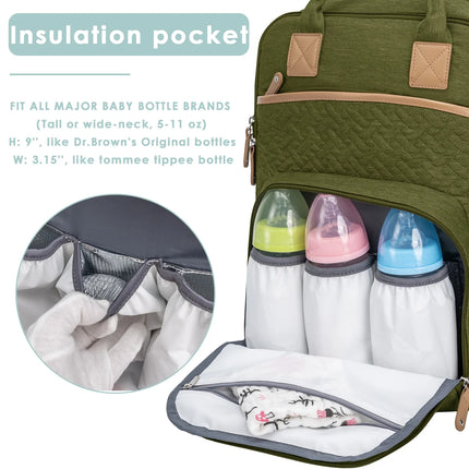 Diaper Bag Backpack with Insulated Milk Bottle Pocket, Large Baby Diaper Bag for Travel, Green