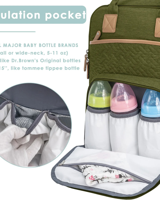 Diaper Bag Backpack with Insulated Milk Bottle Pocket, Large Baby Diaper Bag for Travel, Green