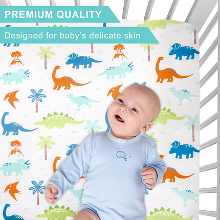 Jersey Knit Crib Sheet for Boys and Girls, Stretchy Fitted Crib Sheet Dinosaur Baby Toddler Bedding Set Collection, Breathable and Lightweight for Toddler Mattress up to 8”Thickness