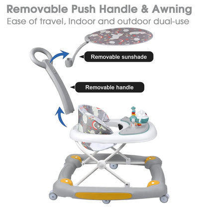 6-In-1 Baby Walker, Foldable Push Walker with Musical Activity Station for 6-24 Months, Gray