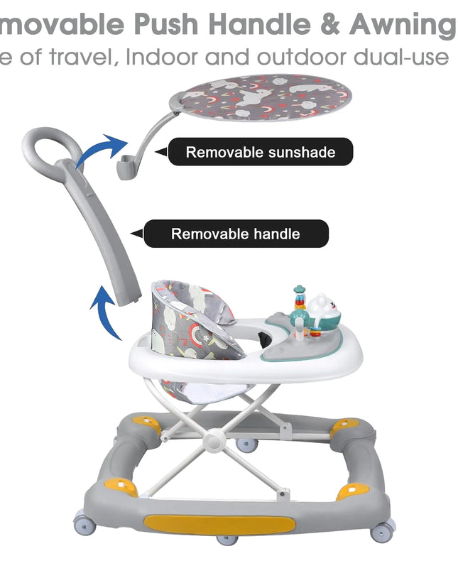 6-In-1 Baby Walker, Foldable Push Walker with Musical Activity Station for 6-24 Months, Gray