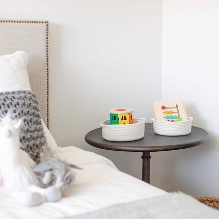 5-Piece round Small Woven Baskets Set– Cotton Rope Baskets for Organizing! Montessori Toys, Fruits Remotes Key Tray Bowl for Entryway Desk, Shallow Catchall Home Décor, Cat Dog Bin Gift